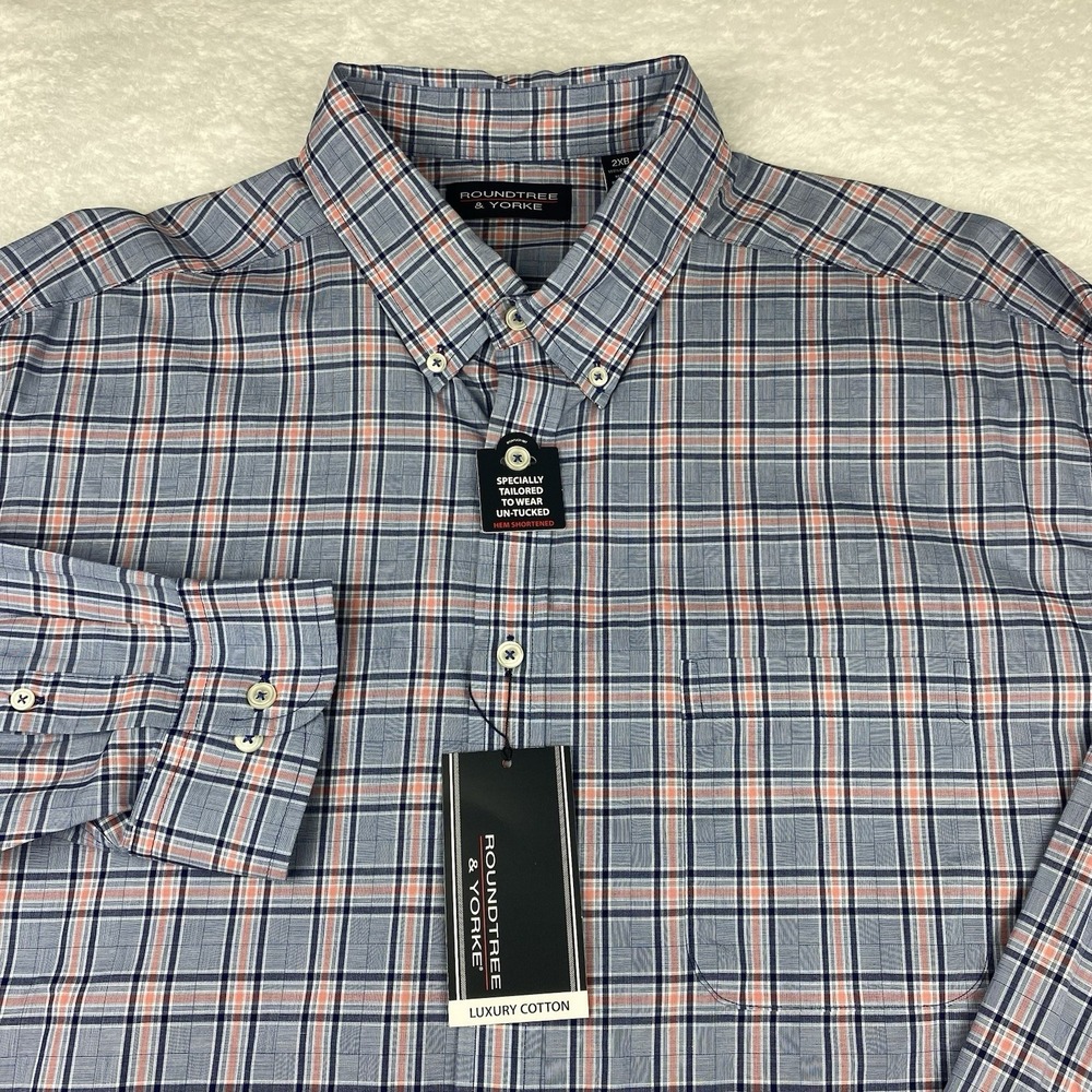 Roundtree & Yorke‎ Shirt Mens 2XB Red/Blue Plaid Untuckable 100% Cotton NWT!